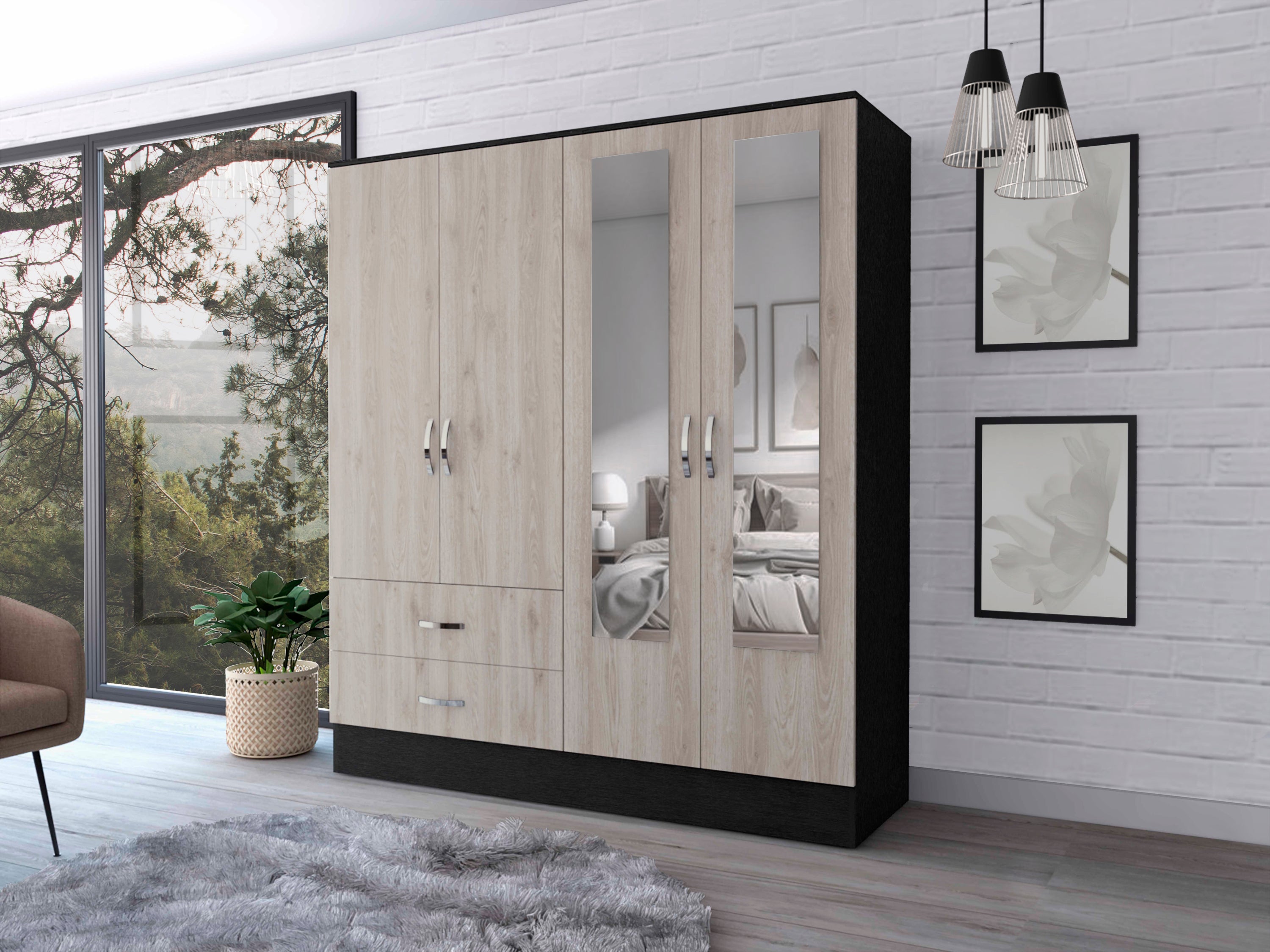 Florencia L Mirrored Armoire Black/Grey - 2 Divided Cabinets