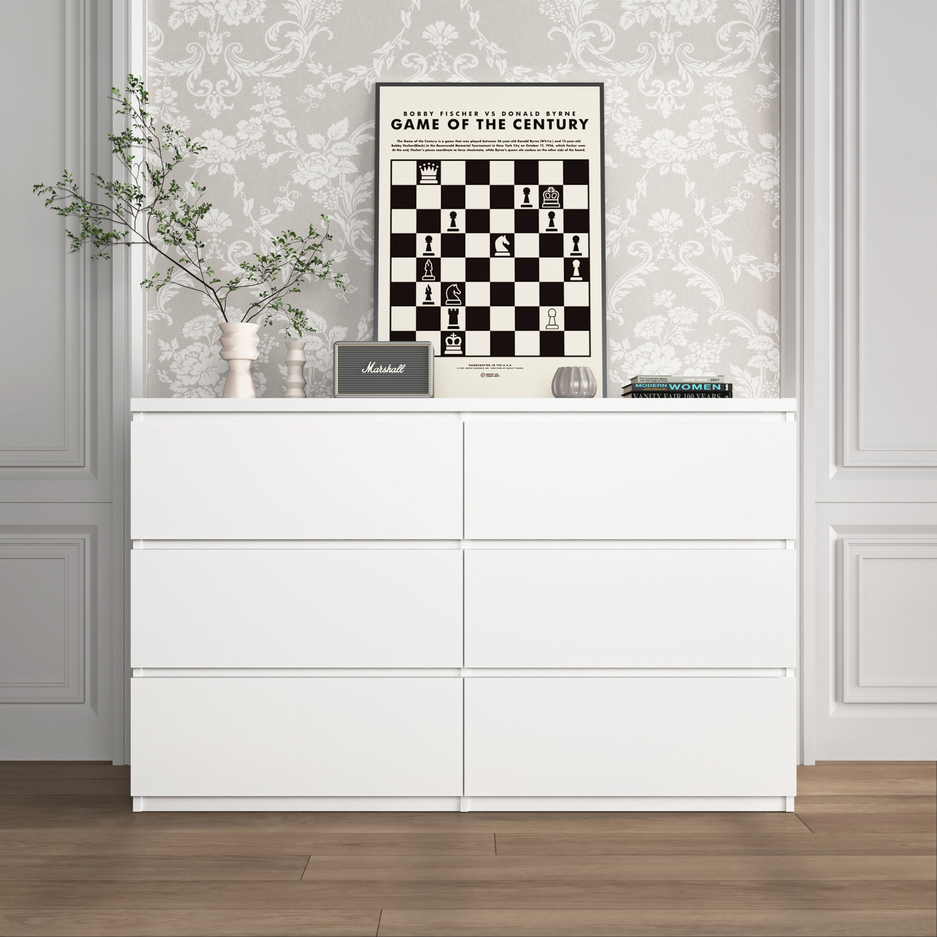 6-Drawer Wood Storage Cabinet Dresser - White Bedroom