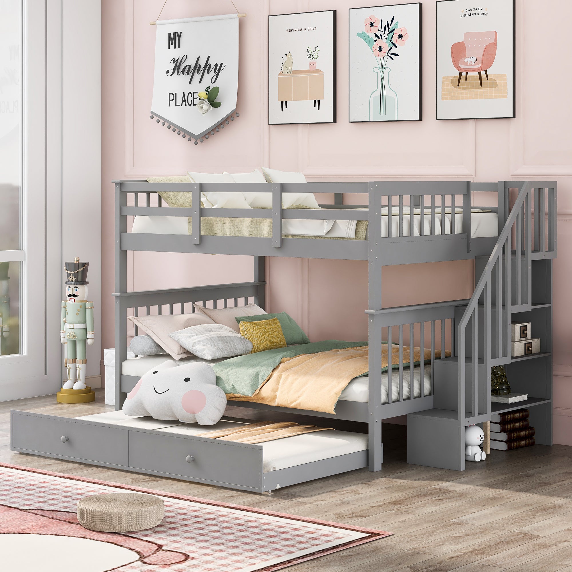 Gray Full-Over-Full Stairway Bunk Bed w/ Twin Trundle, Storage & Rail
