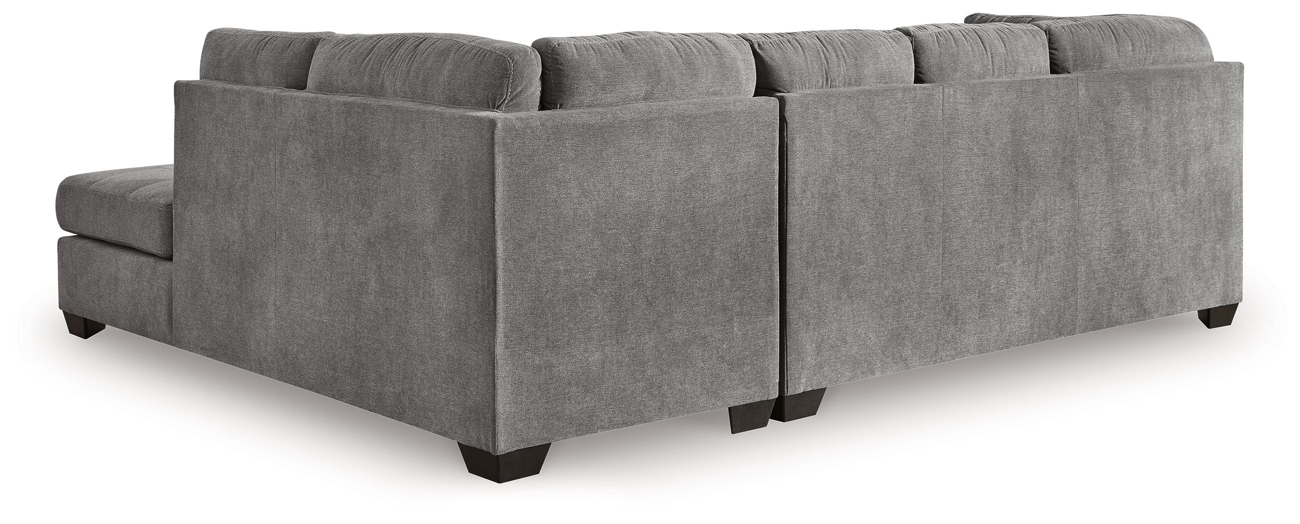 Light gray sectional sleeper sofa with tufted back pillows and wide arms, block feet