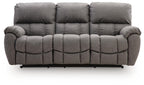 Gray power recline sofa with padded arms and tufted seat and back cushions