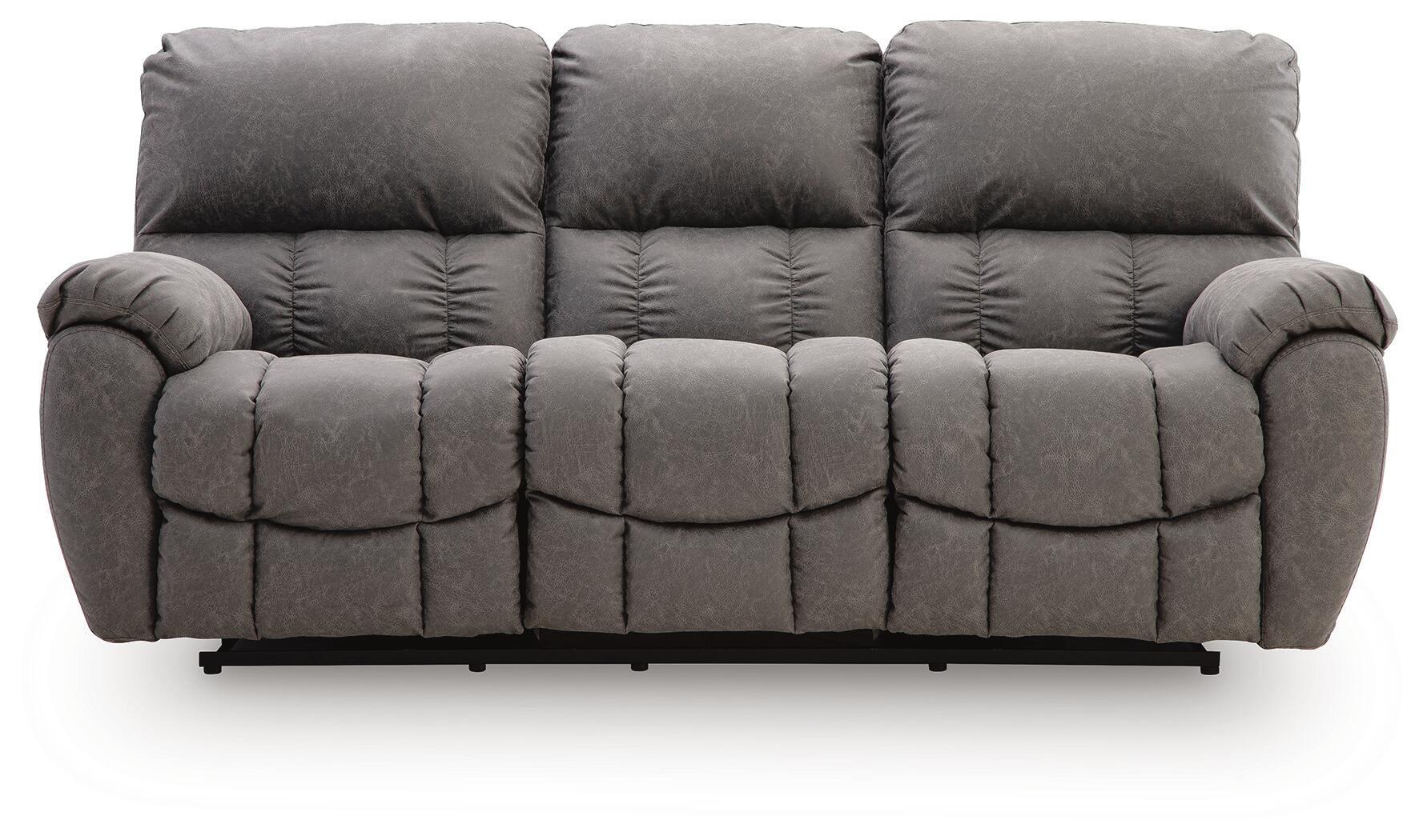 Gray power recline sofa with padded arms and tufted seat and back cushions