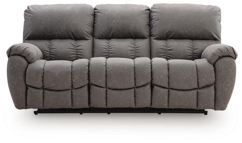 Gray power recline sofa with padded arms and tufted seat and back cushions