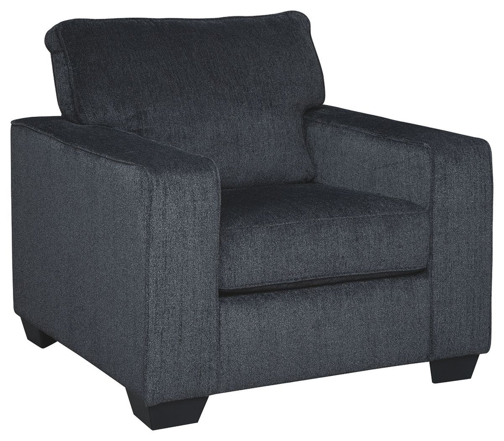 Dark gray fabric arm chair with tall back, padded arms, and boxy seat cushion