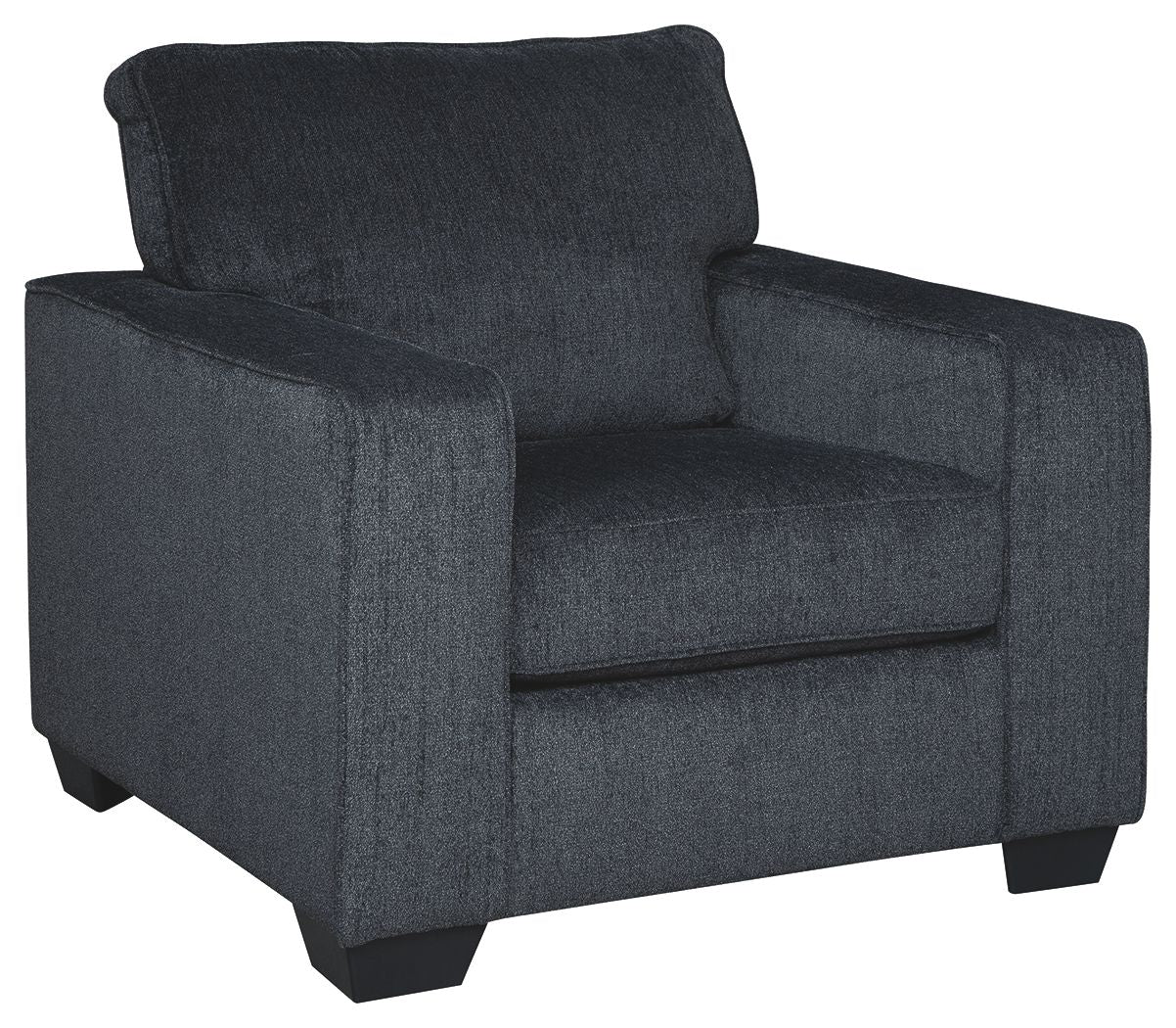 Dark gray fabric arm chair with tall back, padded arms, and boxy seat cushion