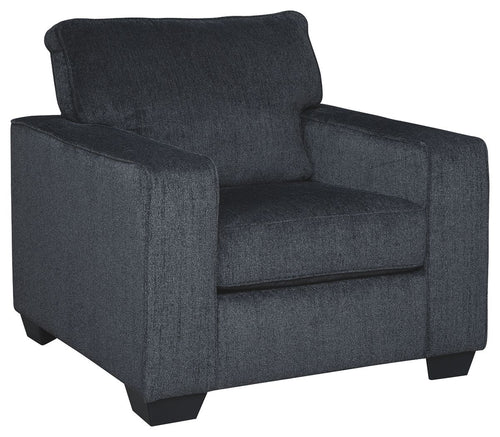 Dark gray fabric arm chair with tall back, padded arms, and boxy seat cushion