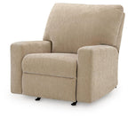 Beige rocker recliner chair with padded arms, seat, and tall back cushion