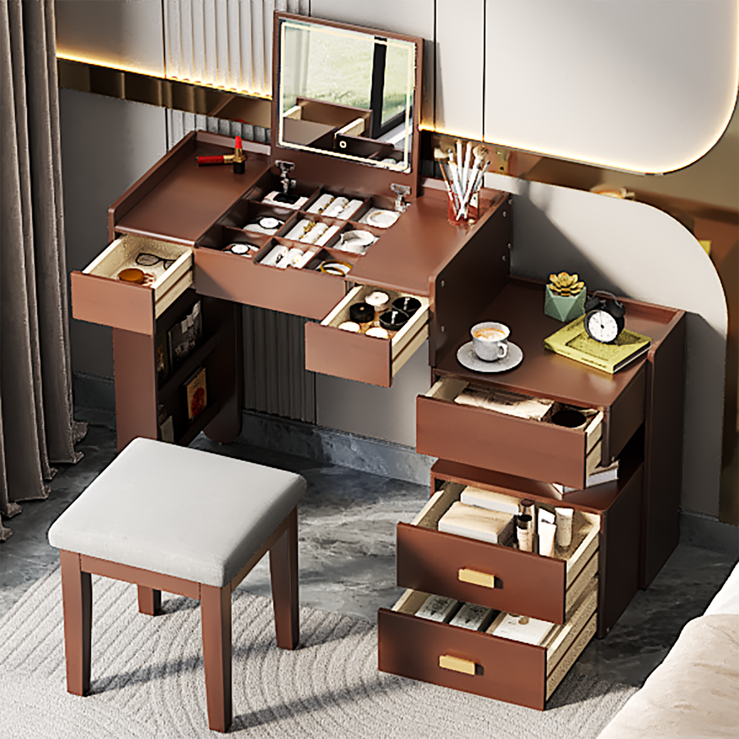 Walnut 3-in-1 Makeup Vanity Desk: LED Flip-Top Mirror, Drawers