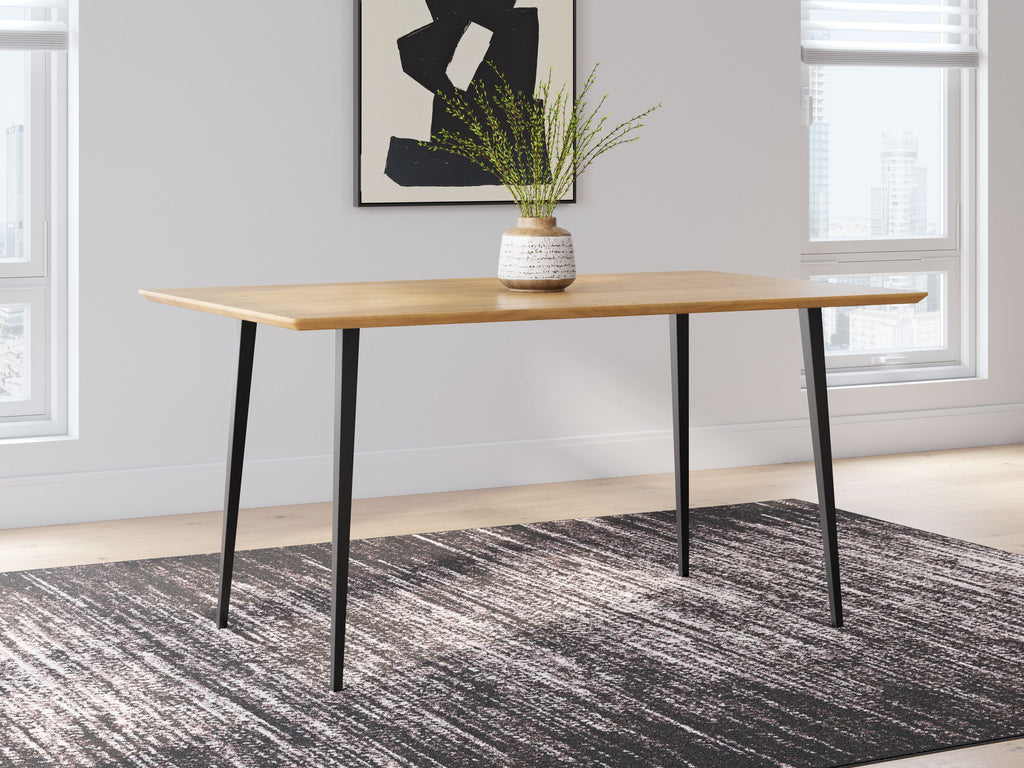 Rectangular dining table with natural wood top and black legs
