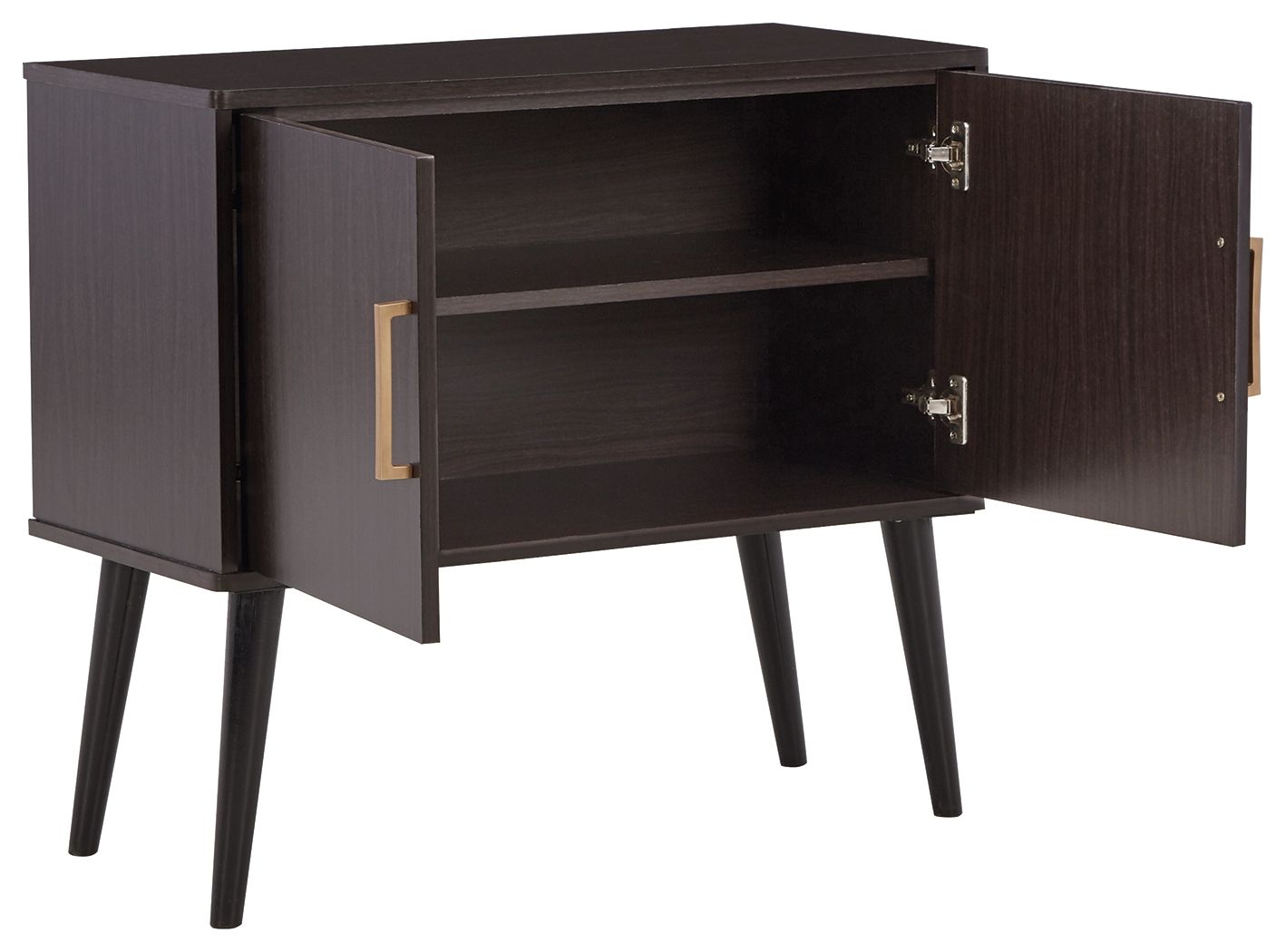 Dark wood accent cabinet with open shelves, two doors, and metal hinges