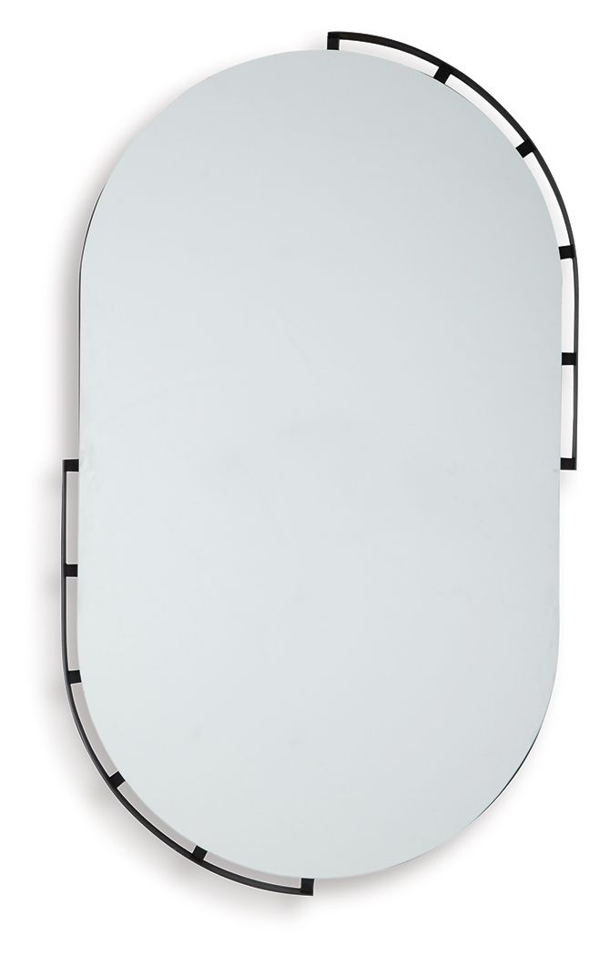 Accent mirror with black arched oval frame and clear reflective glass