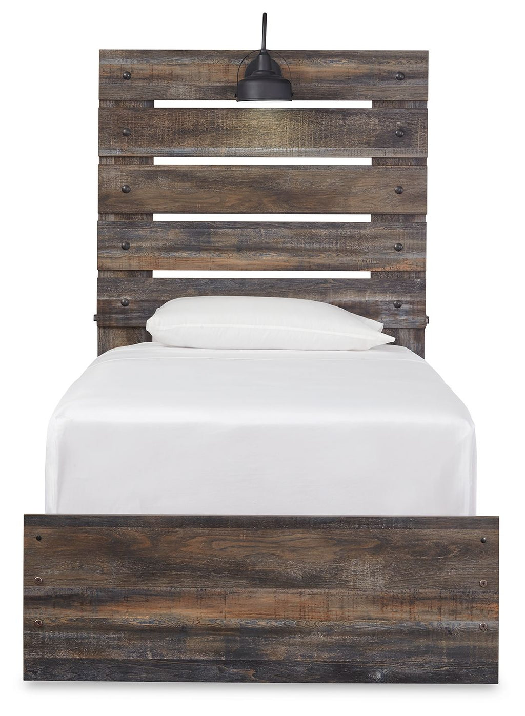 Panel bed with dark distressed wood headboard and matching footboard; white mattress shown