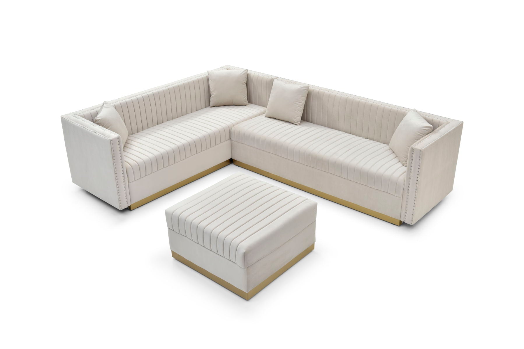 Contemporary Vertical Channel Tufted Velvet Big Size Ottoman Modern Upholstered Foot Rest For Living Room Apartment, Beige