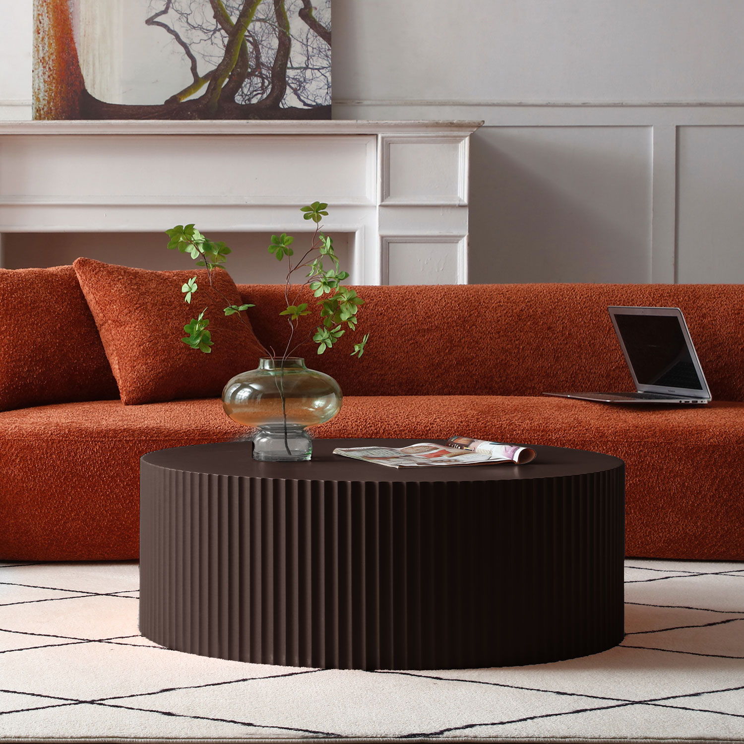 Artisanal Round Coffee Table With Handcrafted Relief And Stunning Painting Finish, Brown