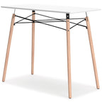 Jaspeni home office desk with white tabletop and light wood legs, black metal cross-bracing