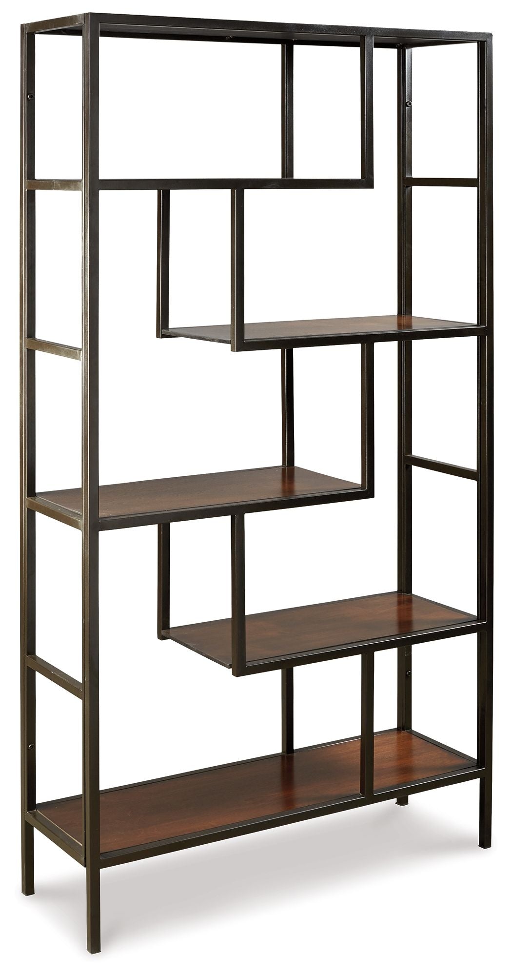 Dark brown bookcase with open square shelves and vertical frame