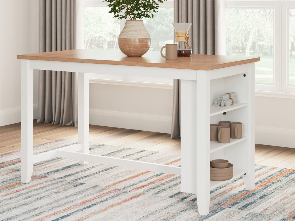 White dining room counter table with light wood top and open lower storage shelves