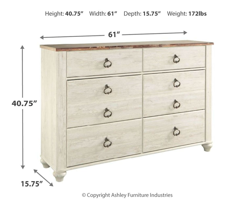 Whitewash wood dresser with six drawers and dark metal knob pulls, wide front view