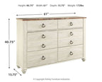 Whitewash wood dresser with six drawers and dark metal knob pulls, wide front view