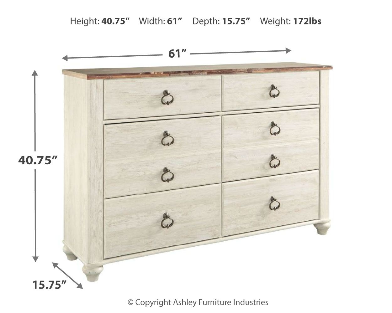 Whitewash wood dresser with six drawers and dark metal knob pulls, wide front view
