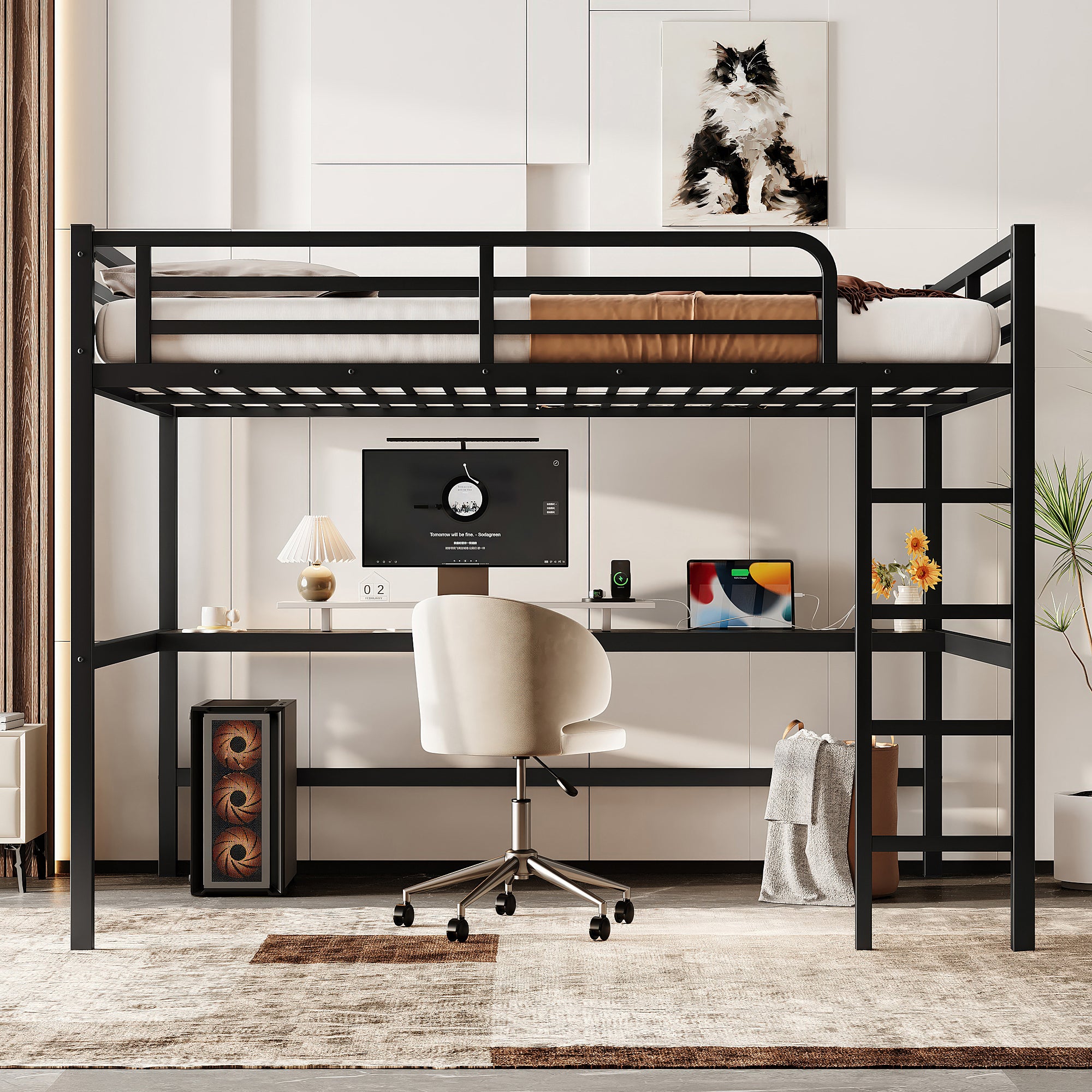 Black Queen Metal Loft Bed, Power Outlet, LED, Quiet, Space-Saving