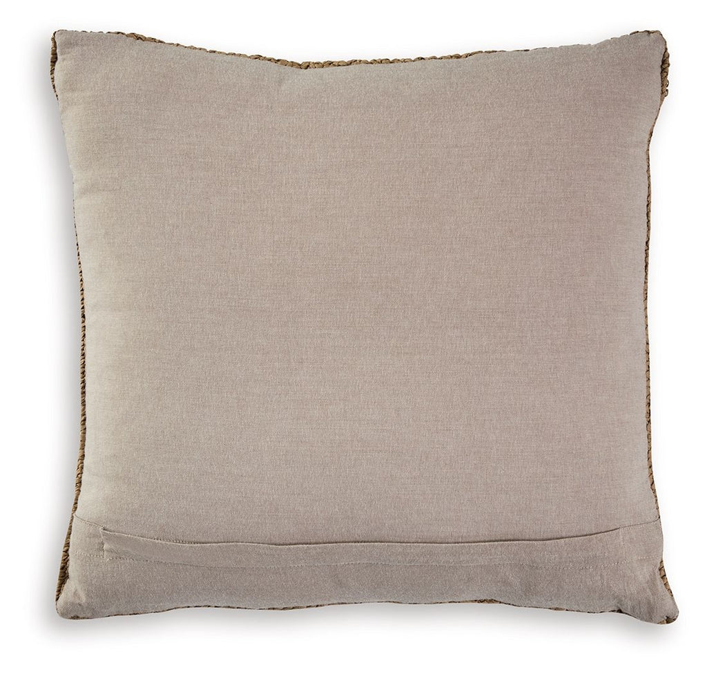 Light beige square fabric pillow with tan piping and stitched hem