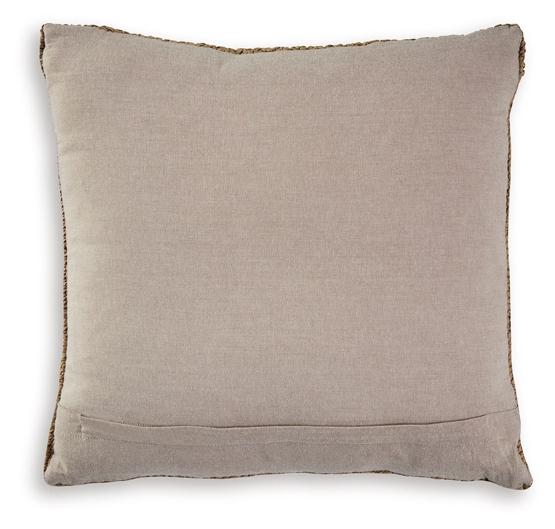 Light beige square fabric pillow with tan piping and stitched hem