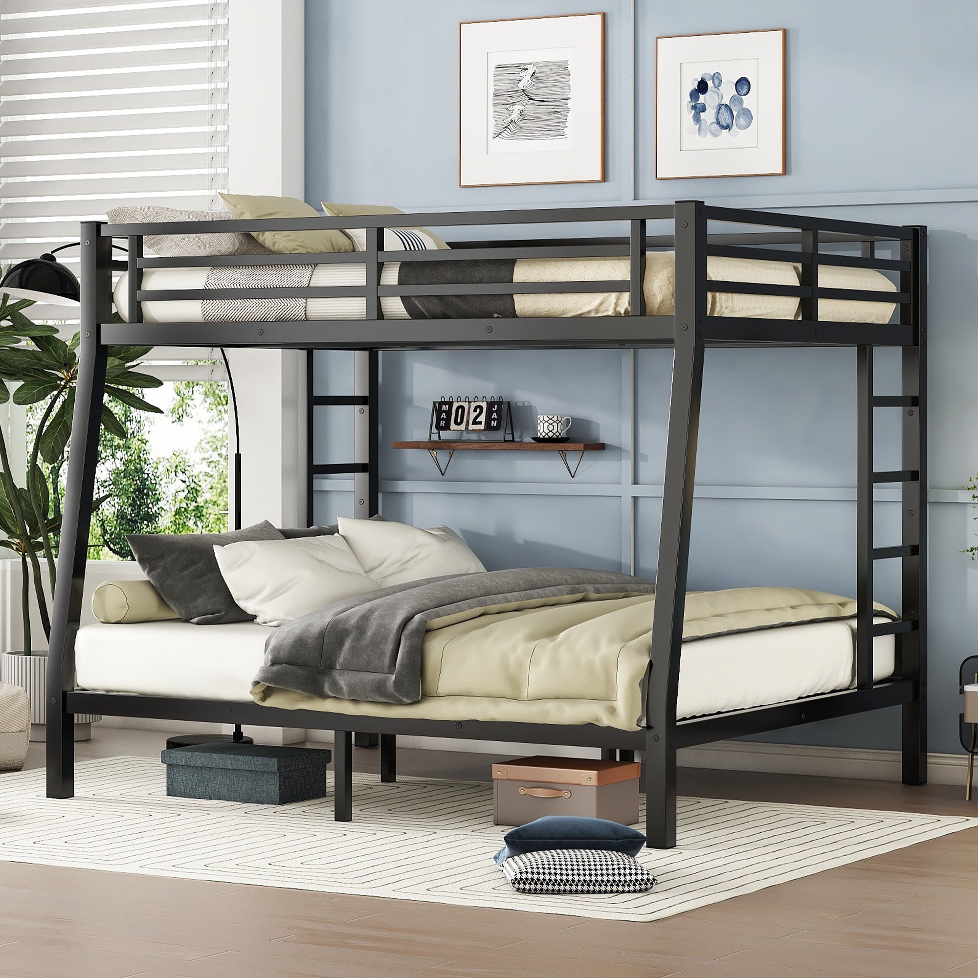 Metal Full XL Over Queen Bunk Bed, Space-Saving, No Box Spring Needed