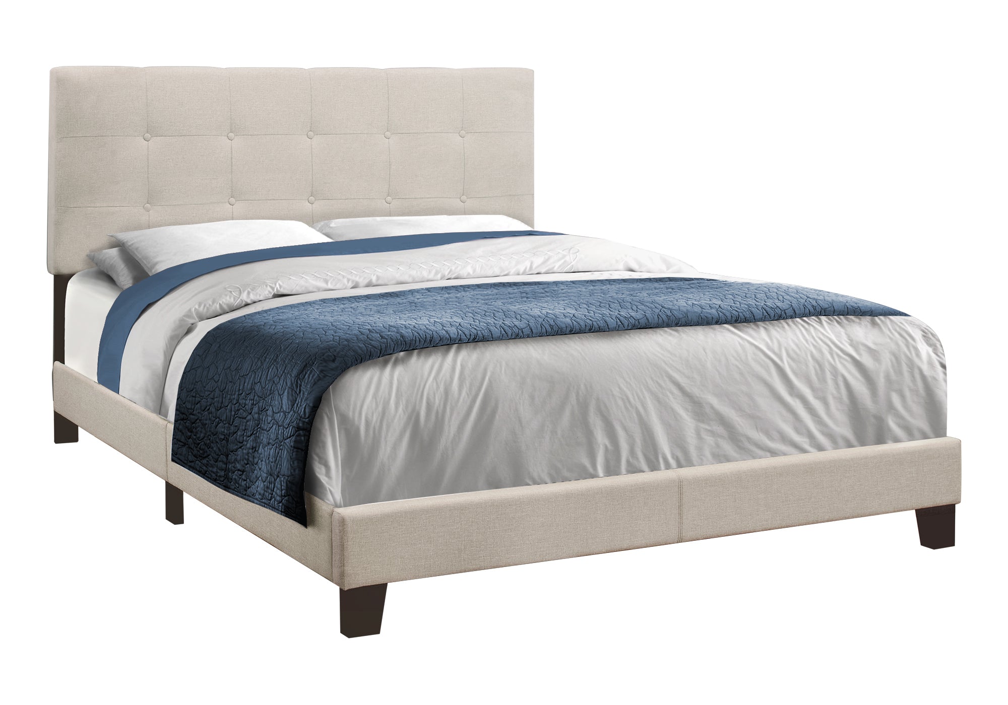 Queen Upholstered Beige Linen Bed with Black Wood Legs | Transitional
