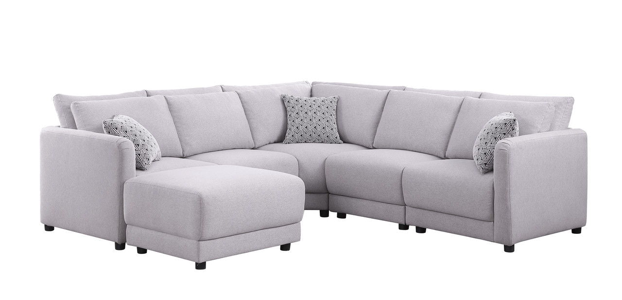 Penelope - Fabric Reversible L-Shape Sectional Sofa With Ottoman And Pillows - Light Gray Linen