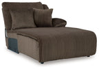 Chocolate ribbed press-back chaise with two accent pillows and cushioned seat