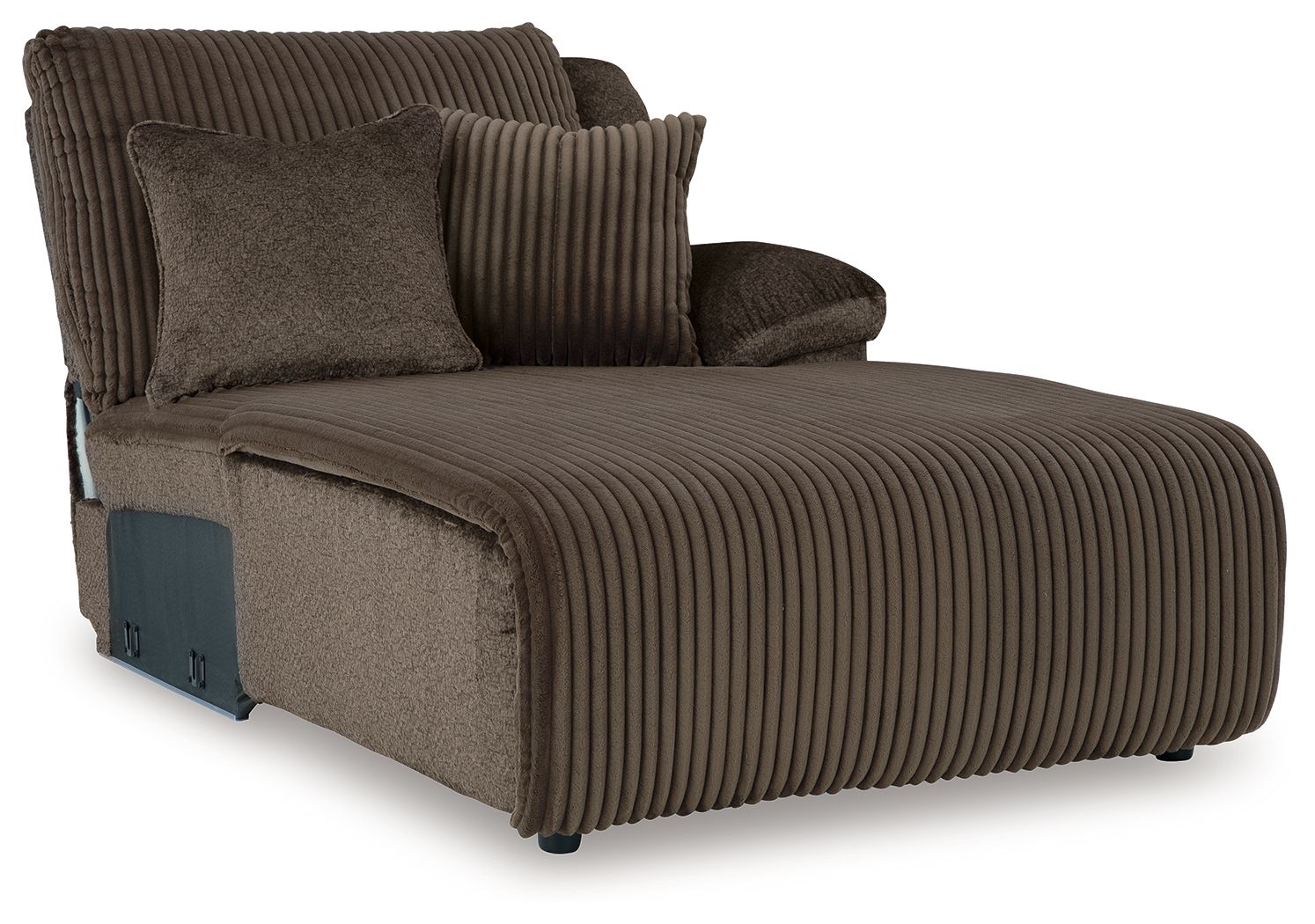 Chocolate ribbed press-back chaise with two accent pillows and cushioned seat