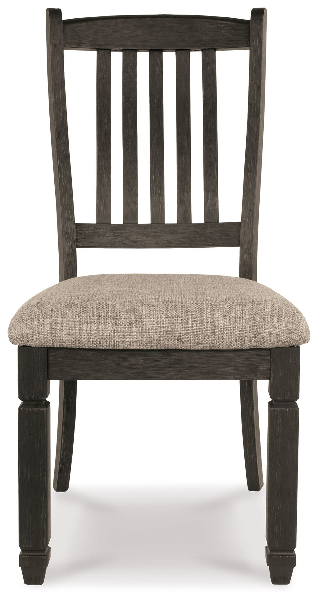 Slatback dining chair with beige upholstered seat and dark wood legs, front view