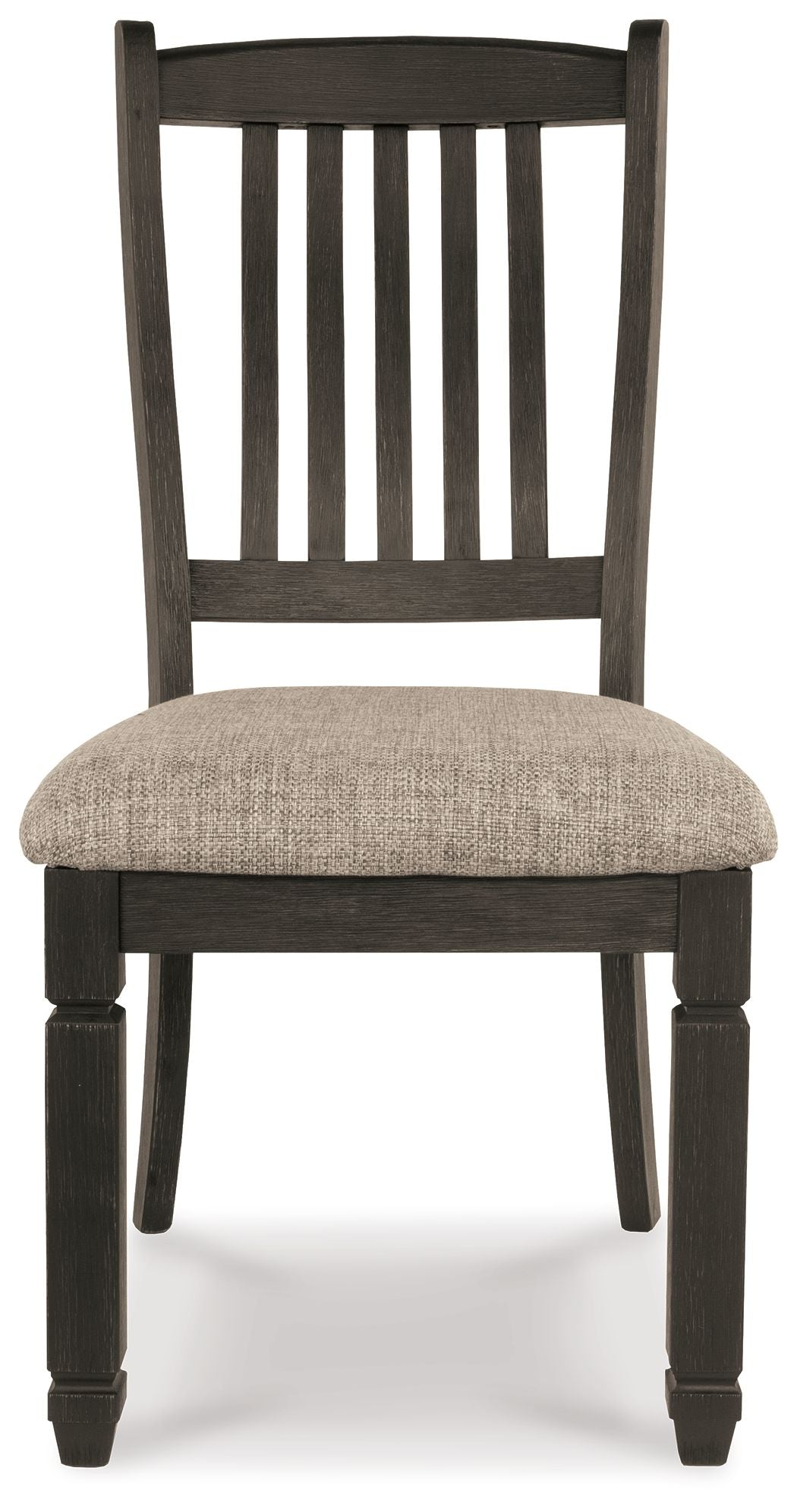 Slatback dining chair with beige upholstered seat and dark wood legs, front view
