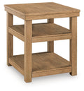 Natural wood rectangular end table with lower shelf and open center frame