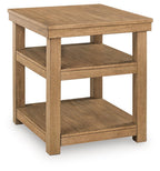 Natural wood rectangular end table with lower shelf and open center frame