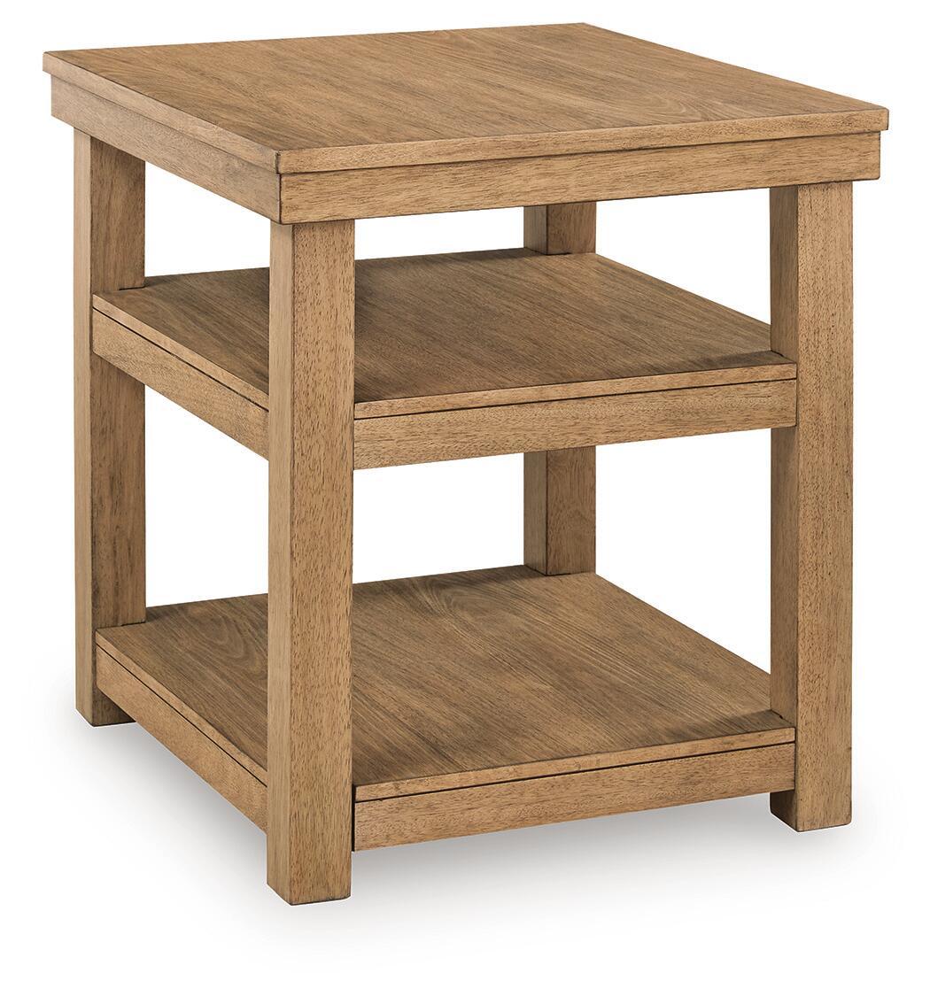 Natural wood rectangular end table with lower shelf and open center frame