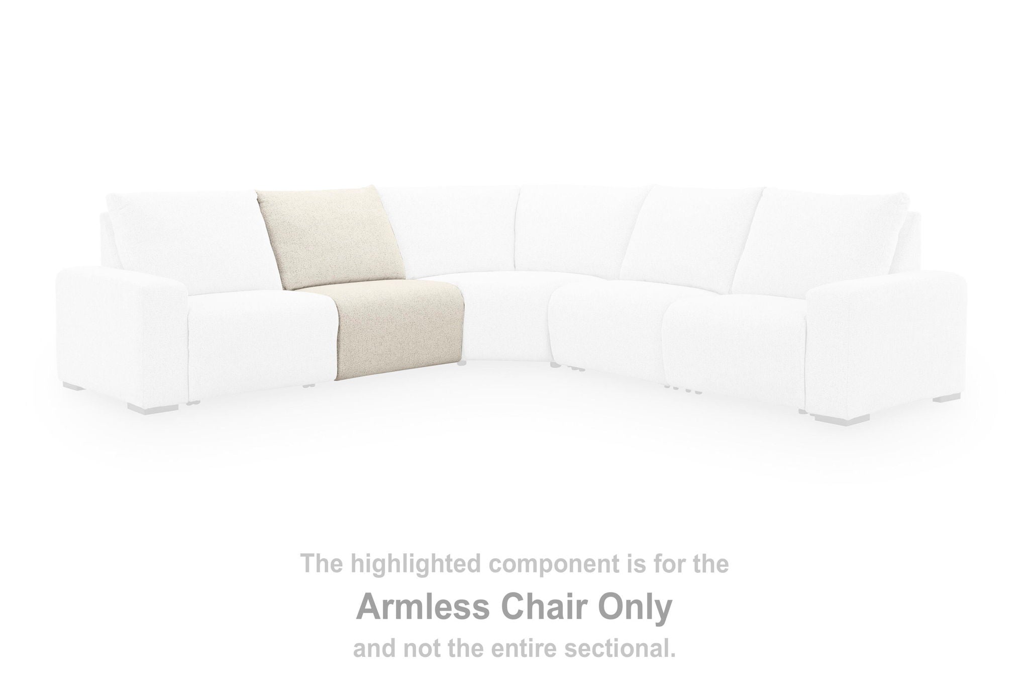 Beige armless chair component with back and seat cushions in a sectional layout