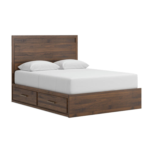 Light brown panel storage bed with white mattress and two front drawers