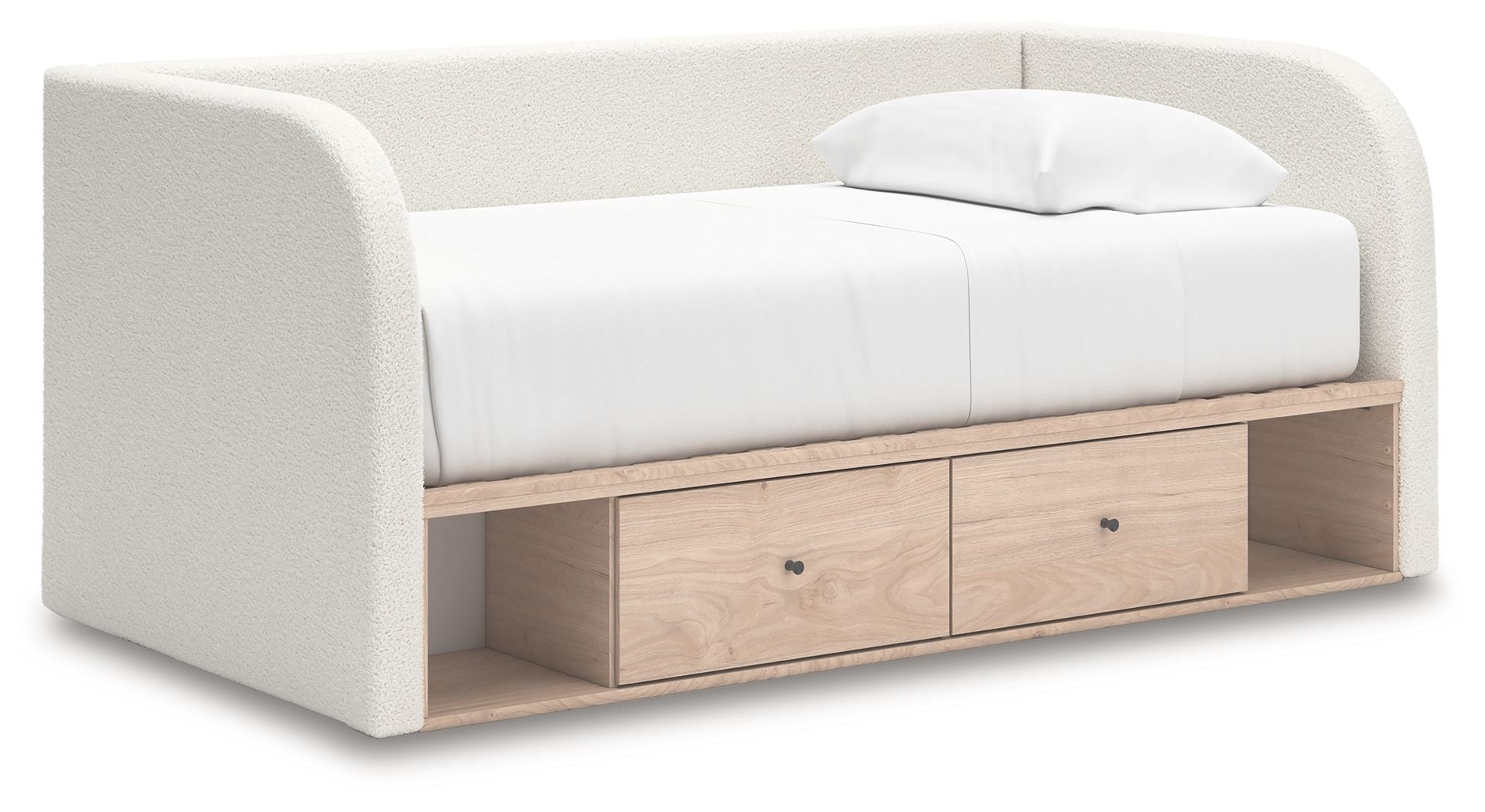 Upholstered day bed in beige fabric with white cushions; two under-bed drawers