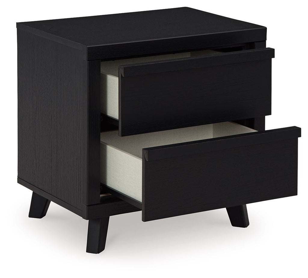 Black two-drawer night stand with drawers open, revealing light interior lining