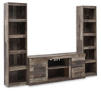 Derekson dark gray entertainment center with open media shelf and side bookcases
