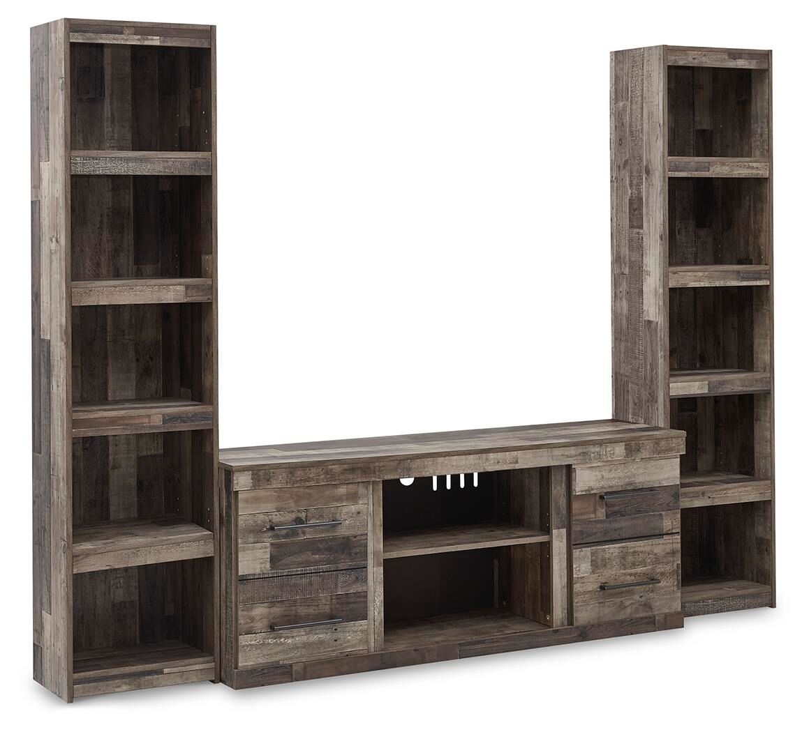 Derekson dark gray entertainment center with open media shelf and side bookcases