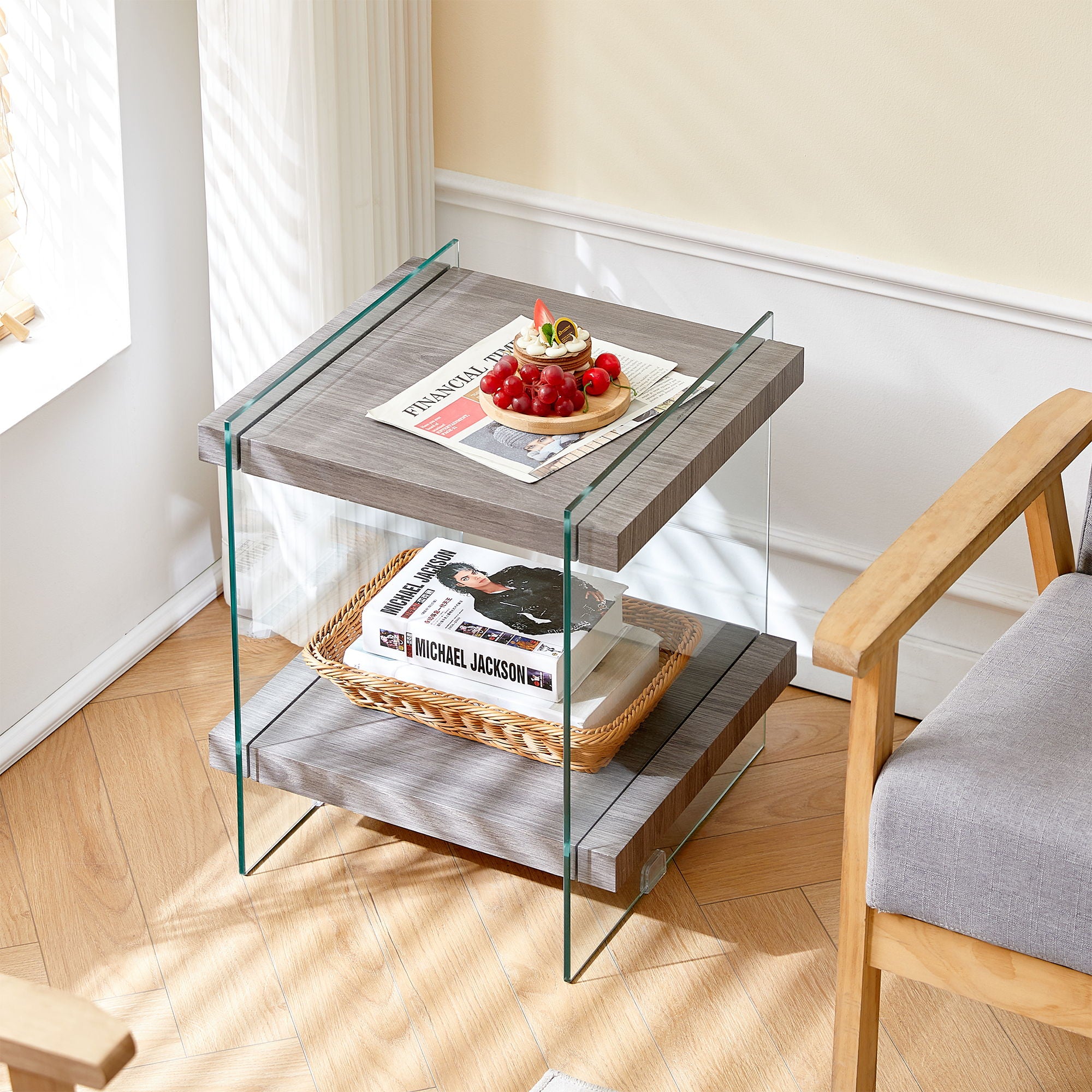Side Table With Dual Shelves - Transparent / Gray