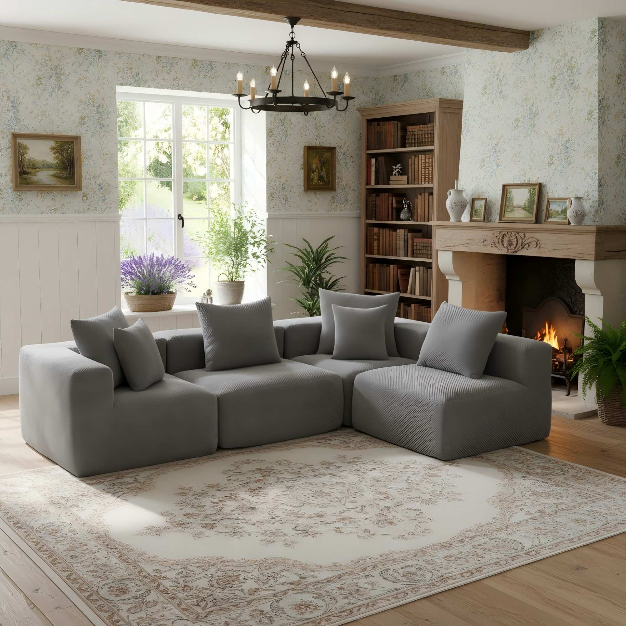 Modular L-Shaped Deep-Seat Sectional Sofa - Grey Chenille