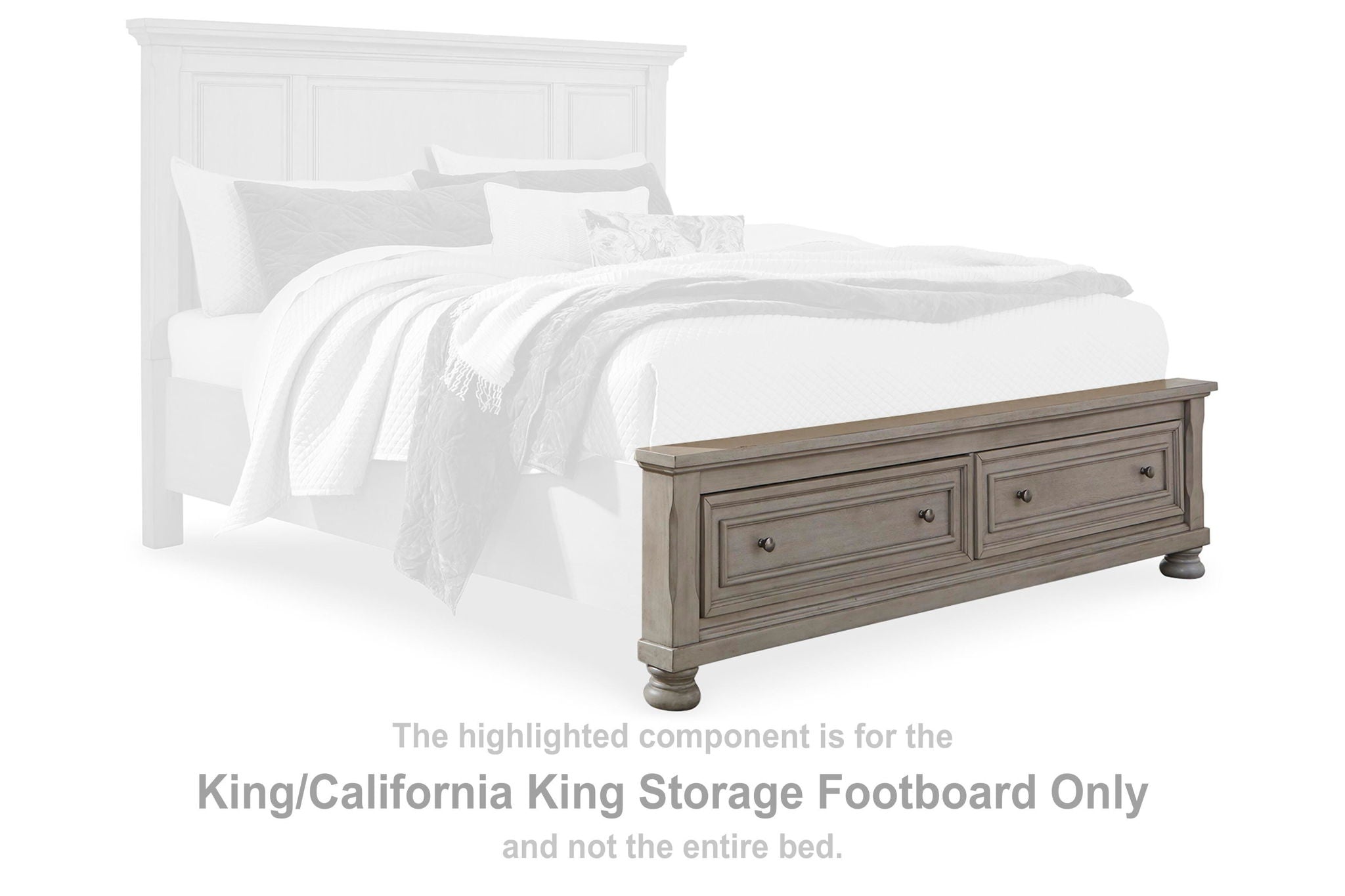Light gray storage footboard with two drawers and centered panel design