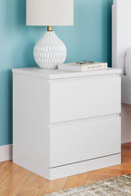White two-drawer nightstand with wide drawer faces and smooth edges