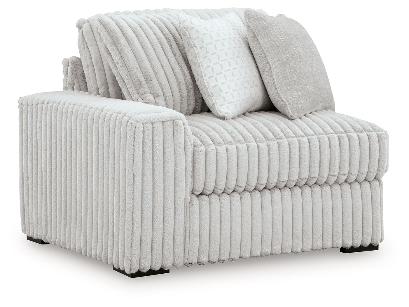 Upholstered corner chair with ribbed light-gray fabric and two back cushions