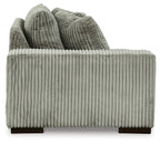 Fog gray corduroy corner chair with rounded arms and two back cushions