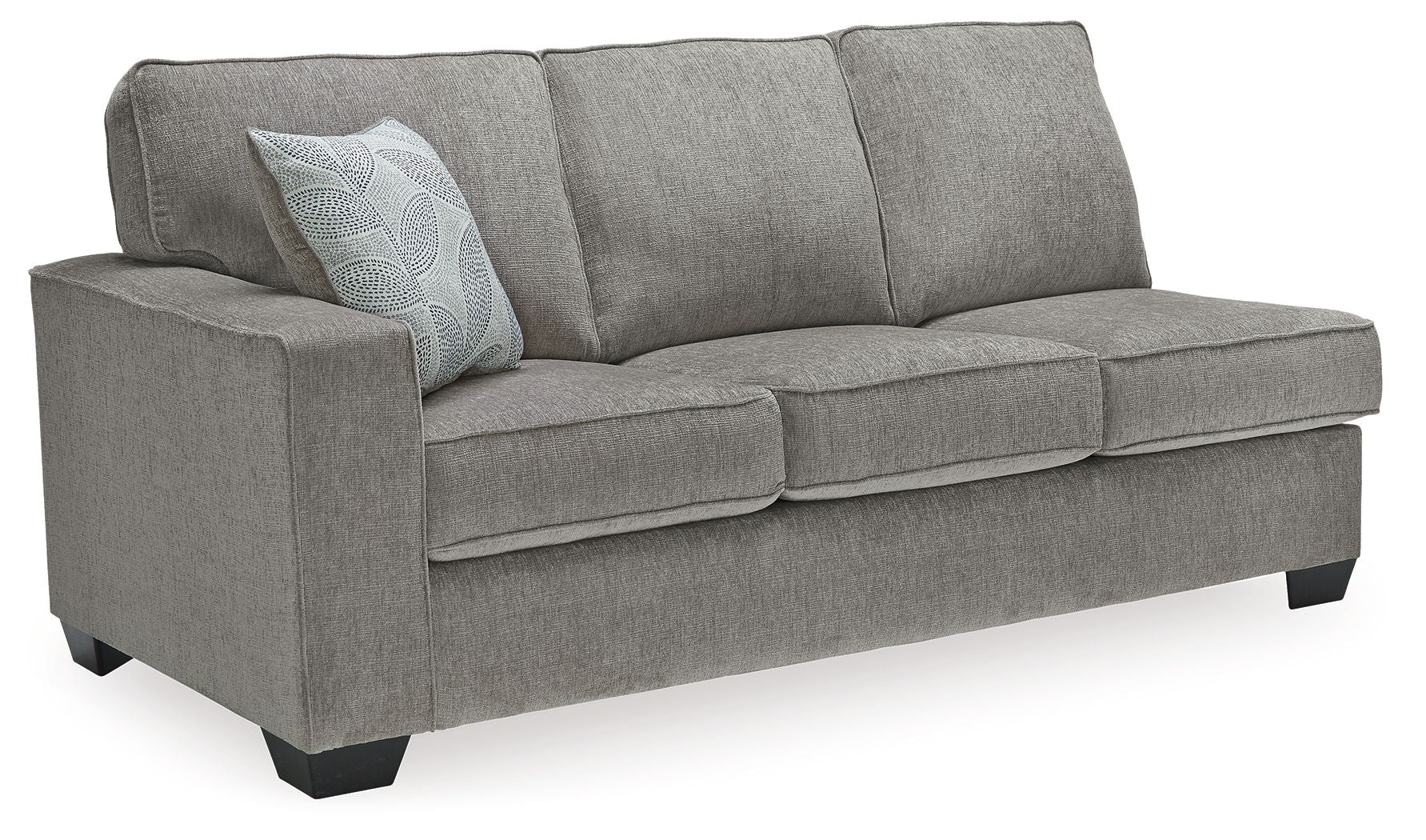 Gray fabric sofa sleeper with rounded arms and three back cushions